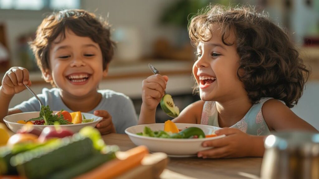 Kinder essen gemeinsam eine gesunde Mahlzeit und lachen – Ernährung und Verhalten bei Kindern